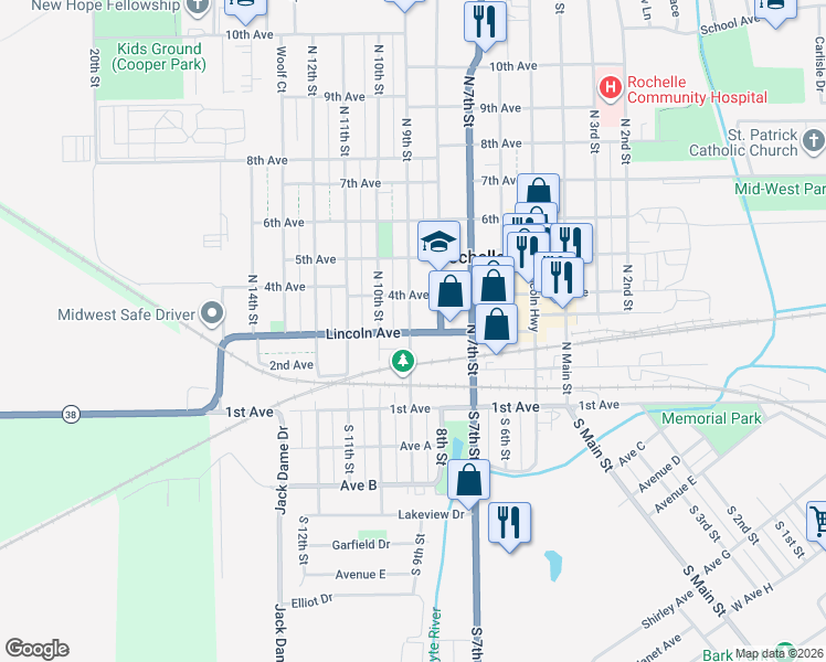 map of restaurants, bars, coffee shops, grocery stores, and more near 309 North 9th Street in Rochelle