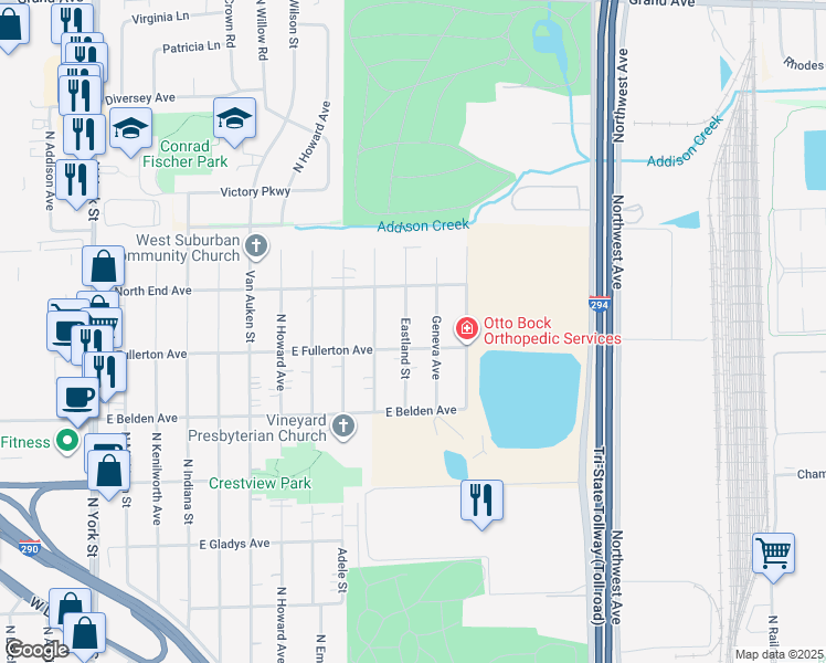 map of restaurants, bars, coffee shops, grocery stores, and more near 779 Eastland Street in Elmhurst