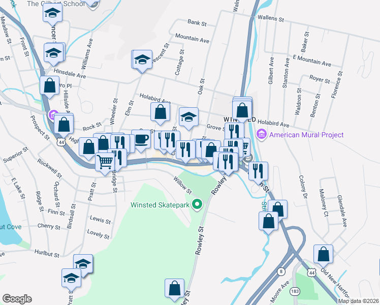 map of restaurants, bars, coffee shops, grocery stores, and more near 18 Oak Street in Winchester