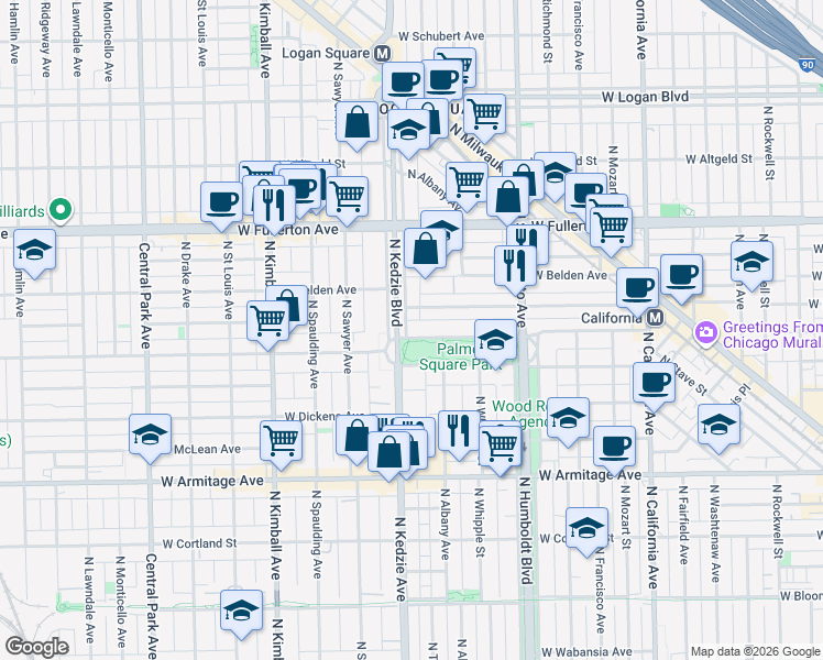 map of restaurants, bars, coffee shops, grocery stores, and more near 3128 West Palmer Square in Chicago