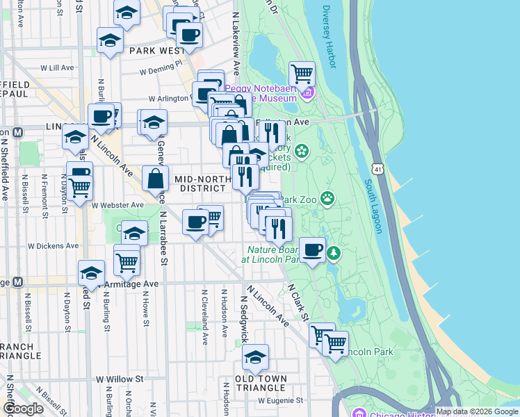 map of restaurants, bars, coffee shops, grocery stores, and more near 327 West Webster Avenue in Chicago