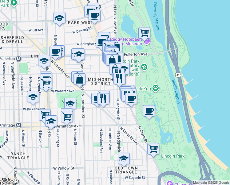 map of restaurants, bars, coffee shops, grocery stores, and more near 400 West Webster Avenue in Chicago
