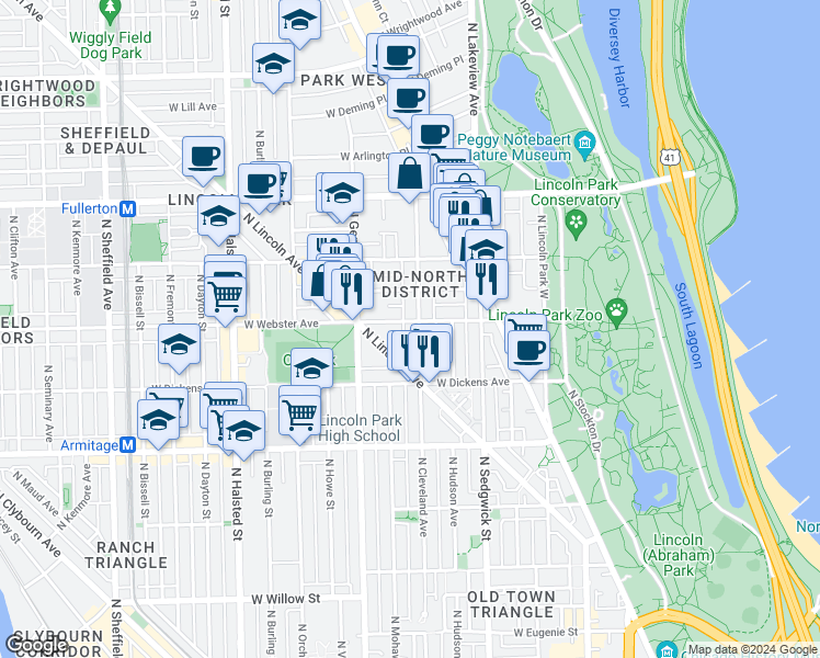 map of restaurants, bars, coffee shops, grocery stores, and more near 514 West Webster Avenue in Chicago