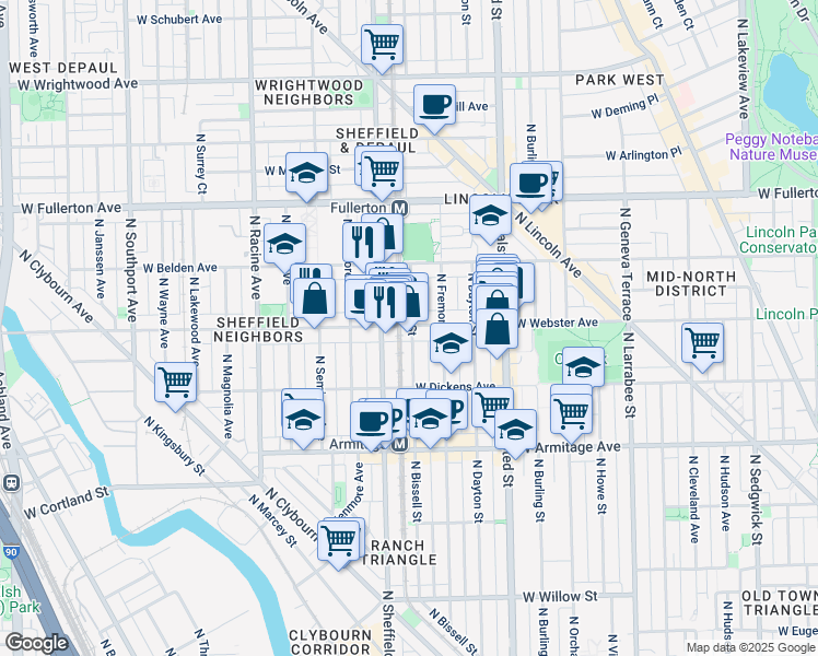 map of restaurants, bars, coffee shops, grocery stores, and more near 940 West Webster Avenue in Chicago