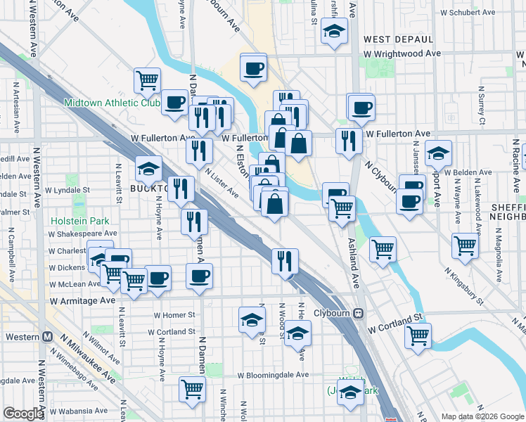 map of restaurants, bars, coffee shops, grocery stores, and more near 2224 North Elston Avenue in Chicago