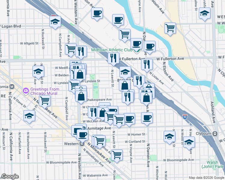 map of restaurants, bars, coffee shops, grocery stores, and more near 2221 North Leavitt Street in Chicago