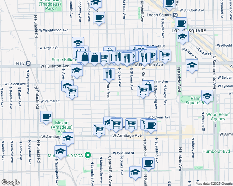 map of restaurants, bars, coffee shops, grocery stores, and more near 3546 West Lyndale Street in Chicago