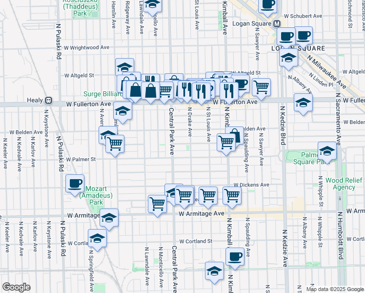 map of restaurants, bars, coffee shops, grocery stores, and more near 3546 West Lyndale Street in Chicago