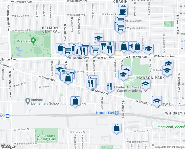 map of restaurants, bars, coffee shops, grocery stores, and more near 2258 North Menard Avenue in Chicago