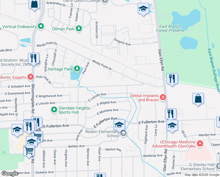 map of restaurants, bars, coffee shops, grocery stores, and more near 445 Polo Club Drive in Glendale Heights