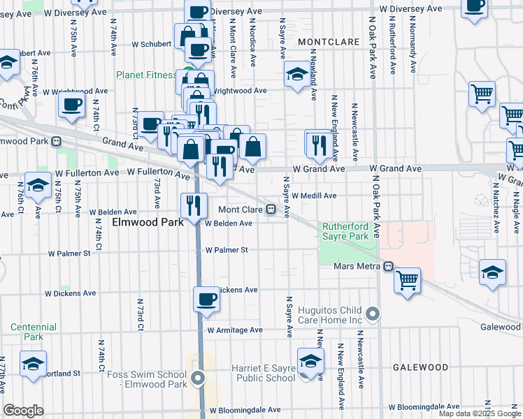map of restaurants, bars, coffee shops, grocery stores, and more near 2319 North Nordica Avenue in Chicago