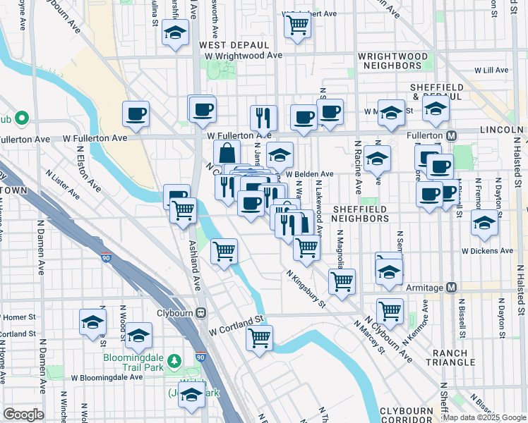 map of restaurants, bars, coffee shops, grocery stores, and more near 1422 West Webster Avenue in Chicago