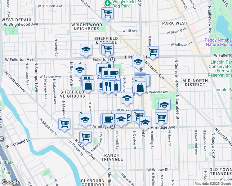 map of restaurants, bars, coffee shops, grocery stores, and more near W Webster Ave & N Bissell St in Chicago