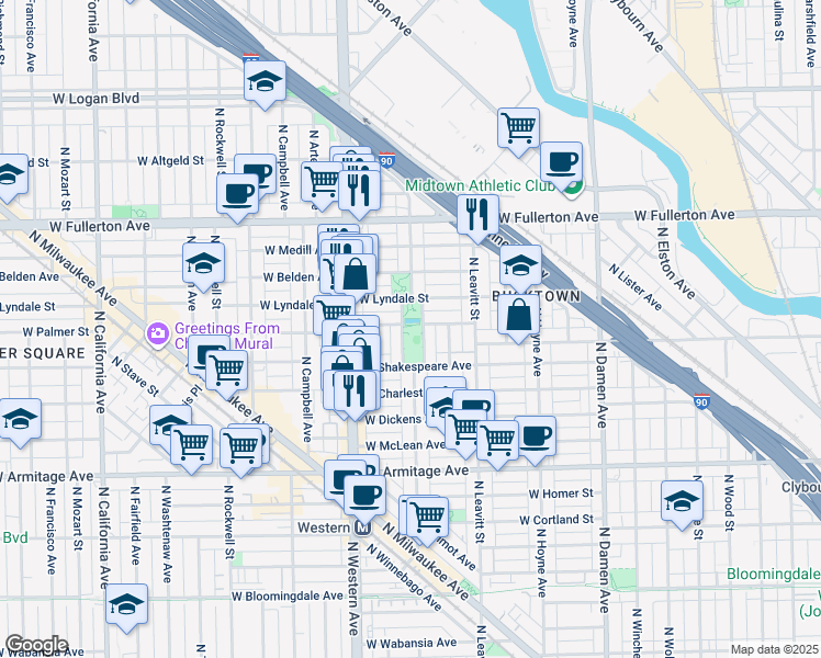 map of restaurants, bars, coffee shops, grocery stores, and more near 2200 North Oakley Avenue in Chicago