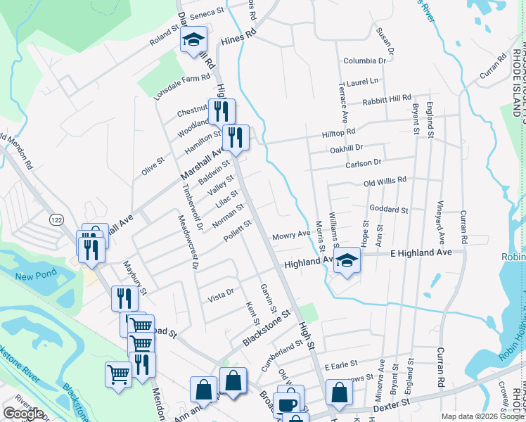 map of restaurants, bars, coffee shops, grocery stores, and more near 25 Linden Avenue in Cumberland