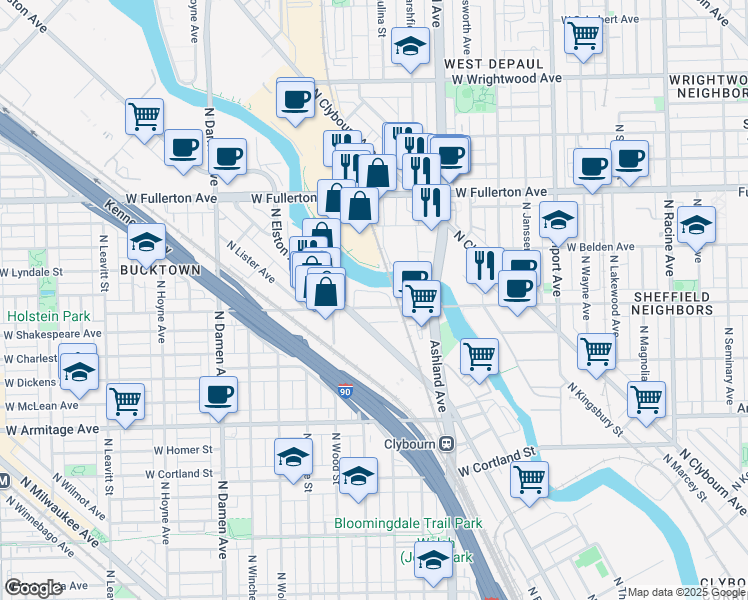 map of restaurants, bars, coffee shops, grocery stores, and more near 1740 West Webster Avenue in Chicago