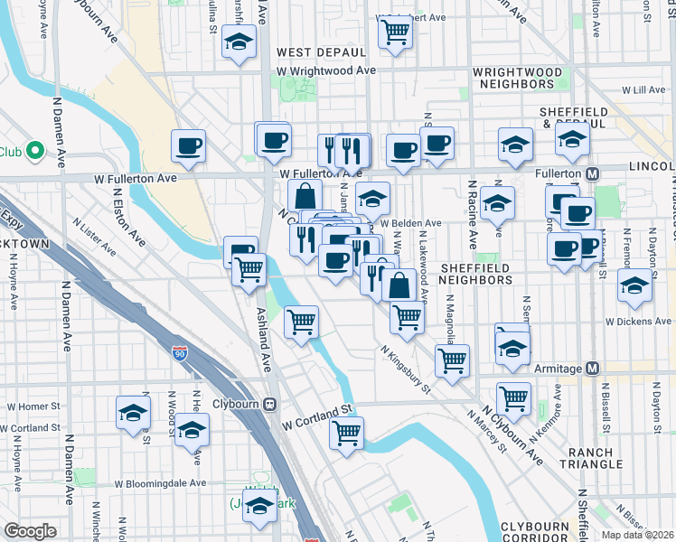 map of restaurants, bars, coffee shops, grocery stores, and more near 2200 North Clybourn Avenue in Chicago
