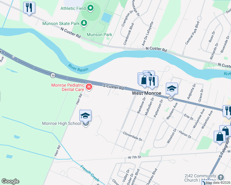 map of restaurants, bars, coffee shops, grocery stores, and more near 2221 South Custer Road in Monroe