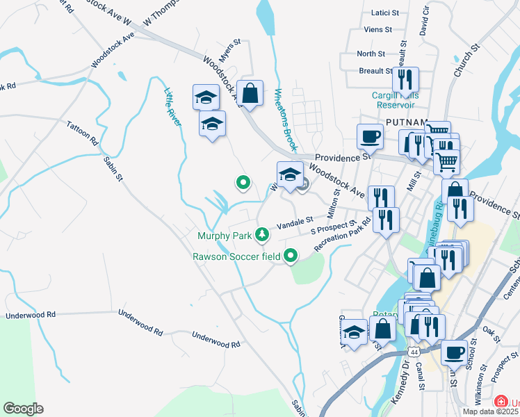 map of restaurants, bars, coffee shops, grocery stores, and more near 35 Wicker Street in Putnam