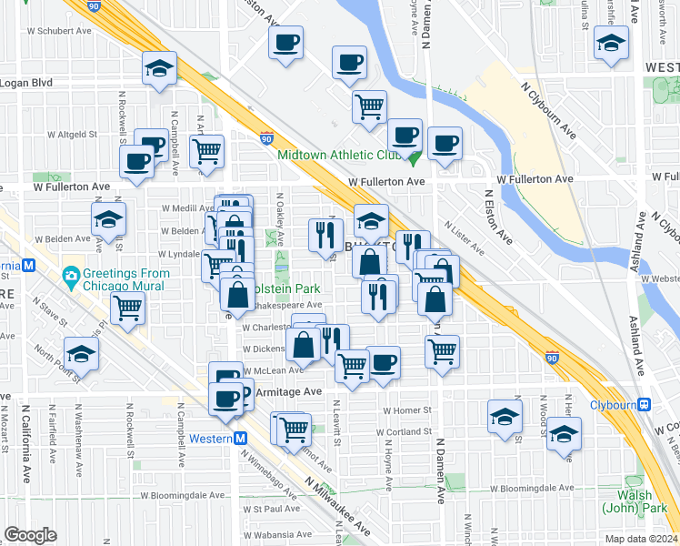 map of restaurants, bars, coffee shops, grocery stores, and more near 2213 North Leavitt Street in Chicago