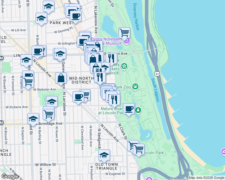 map of restaurants, bars, coffee shops, grocery stores, and more near 2150 North Lincoln Park West in Chicago