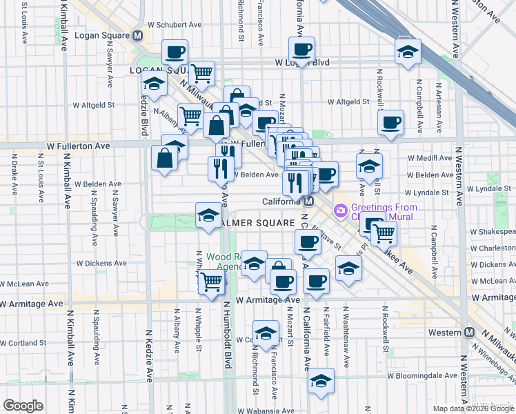map of restaurants, bars, coffee shops, grocery stores, and more near 2906 West Palmer Street in Chicago