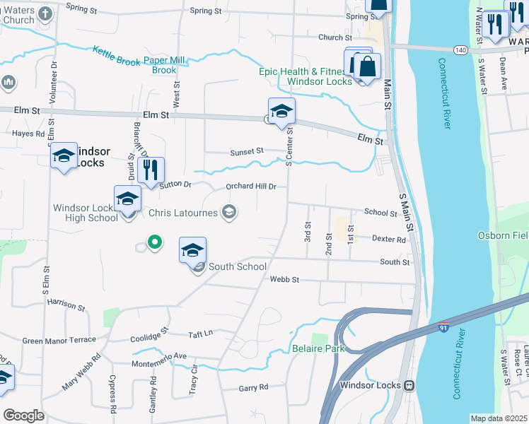 map of restaurants, bars, coffee shops, grocery stores, and more near 100 Michelle Drive in Windsor Locks