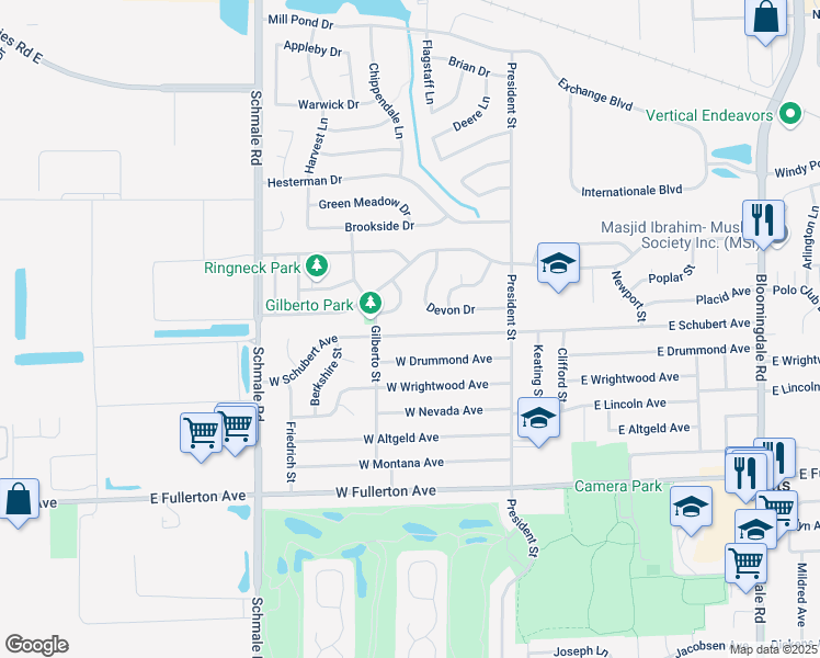 map of restaurants, bars, coffee shops, grocery stores, and more near 84 West Schubert Avenue in Glendale Heights