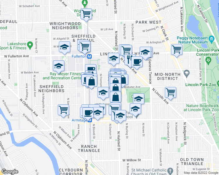 map of restaurants, bars, coffee shops, grocery stores, and more near W Webster Ave & N Dayton St in Chicago