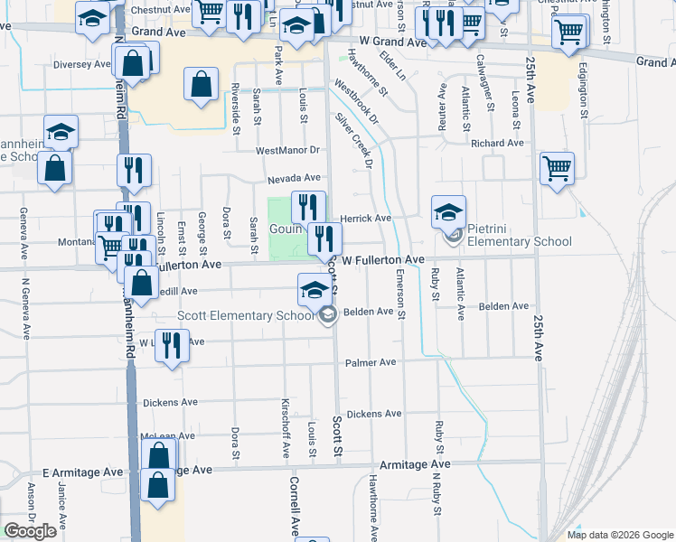 map of restaurants, bars, coffee shops, grocery stores, and more near 2659 Fullerton Avenue in Melrose Park