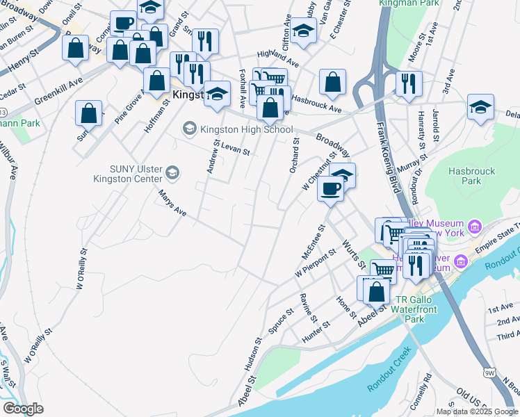 map of restaurants, bars, coffee shops, grocery stores, and more near 106 West Chester Street in Kingston