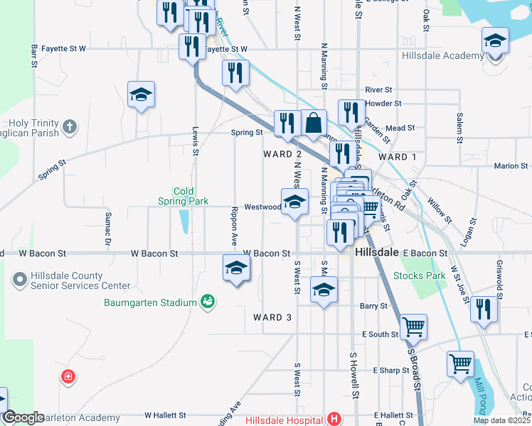 map of restaurants, bars, coffee shops, grocery stores, and more near 40 North Norwood Street in Hillsdale