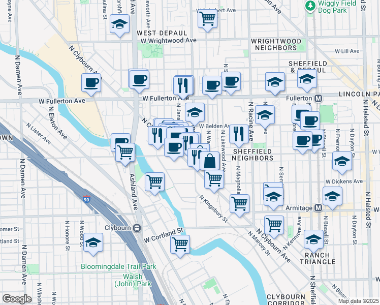 map of restaurants, bars, coffee shops, grocery stores, and more near 1358 West Webster Avenue in Chicago