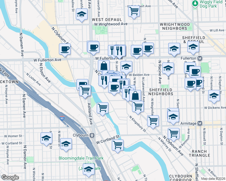 map of restaurants, bars, coffee shops, grocery stores, and more near 2211 North Clybourn Avenue in Chicago
