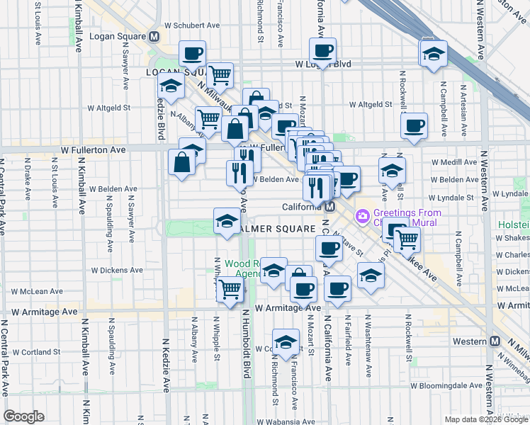 map of restaurants, bars, coffee shops, grocery stores, and more near 2906 West Palmer Street in Chicago