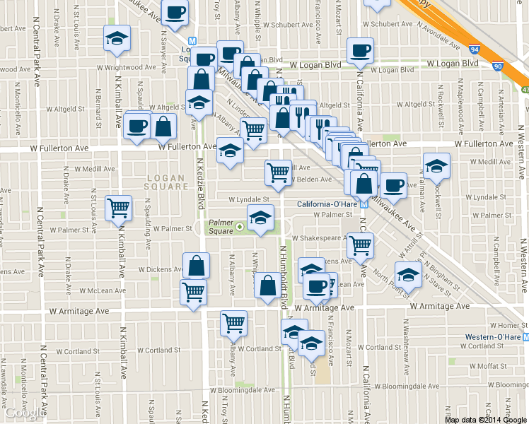 map of restaurants, bars, coffee shops, grocery stores, and more near 3031 West Lyndale Street in Chicago