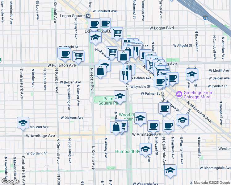 map of restaurants, bars, coffee shops, grocery stores, and more near 3031 West Lyndale Street in Chicago