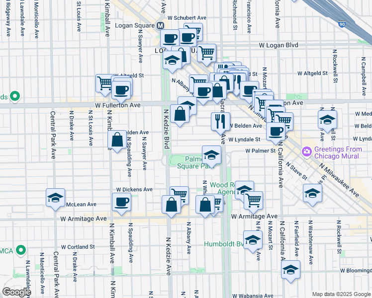 map of restaurants, bars, coffee shops, grocery stores, and more near 3113 West Lyndale Street in Chicago