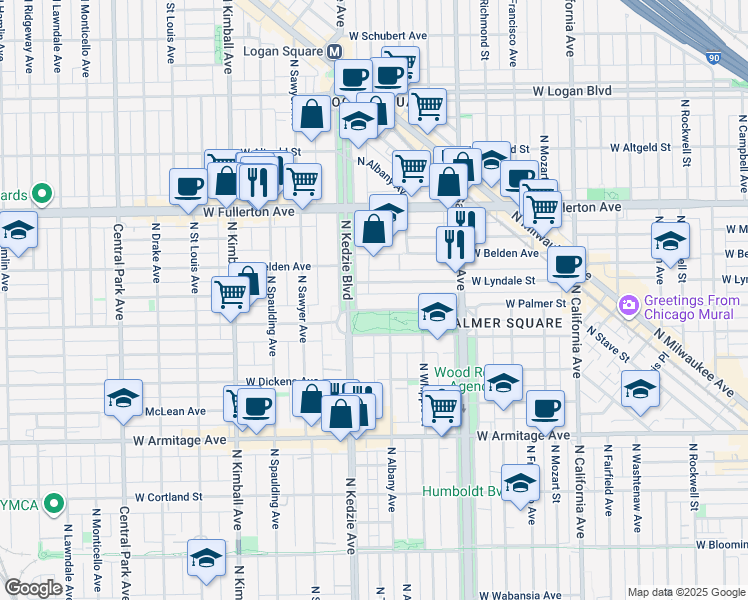 map of restaurants, bars, coffee shops, grocery stores, and more near 2233 North Kedzie Boulevard in Chicago