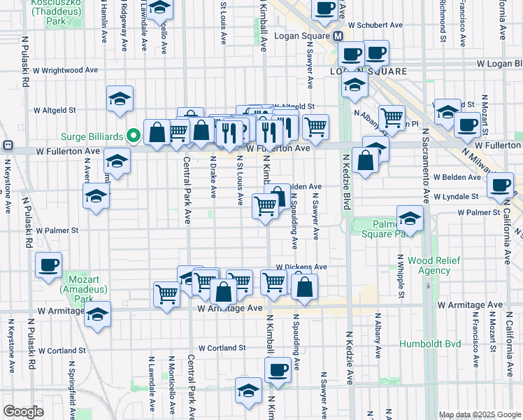 map of restaurants, bars, coffee shops, grocery stores, and more near 3406 West Lyndale Street in Chicago