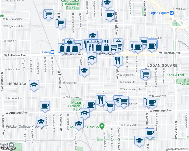 map of restaurants, bars, coffee shops, grocery stores, and more near 3752 West Lyndale Street in Chicago