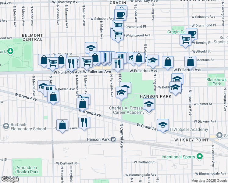 map of restaurants, bars, coffee shops, grocery stores, and more near 2258 North Central Avenue in Chicago