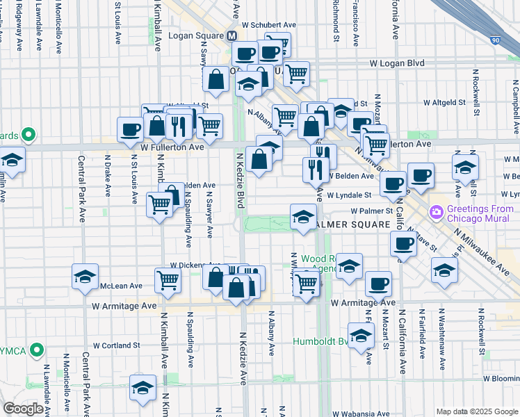 map of restaurants, bars, coffee shops, grocery stores, and more near 2233 North Kedzie Boulevard in Chicago