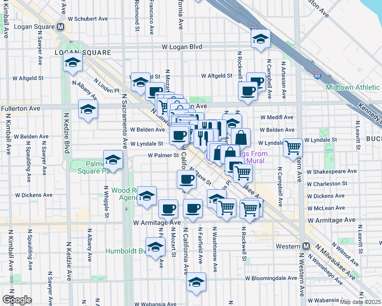 map of restaurants, bars, coffee shops, grocery stores, and more near 2211 North California Avenue in Chicago