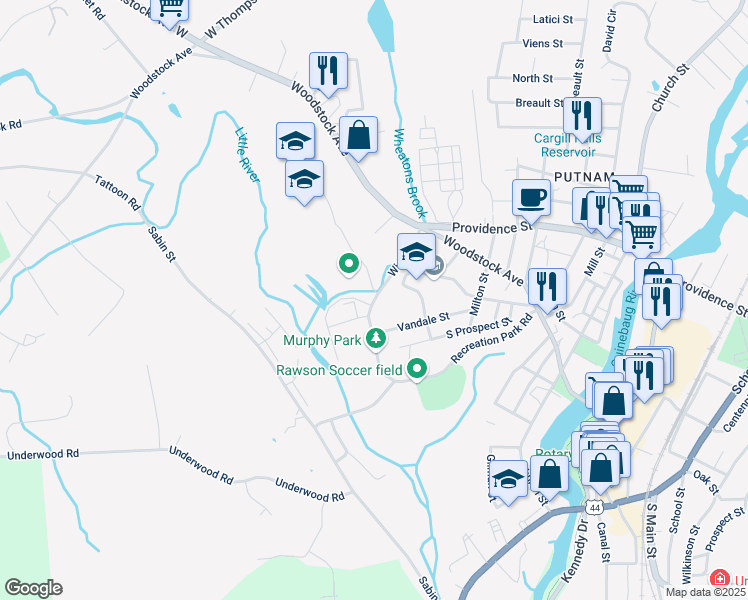 map of restaurants, bars, coffee shops, grocery stores, and more near 35 Wicker Street in Putnam