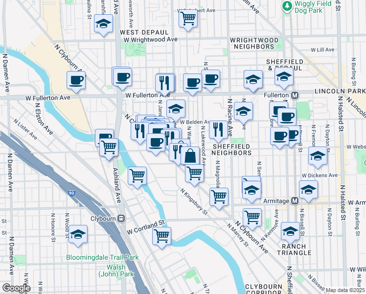 map of restaurants, bars, coffee shops, grocery stores, and more near 1346 West Webster Avenue in Chicago