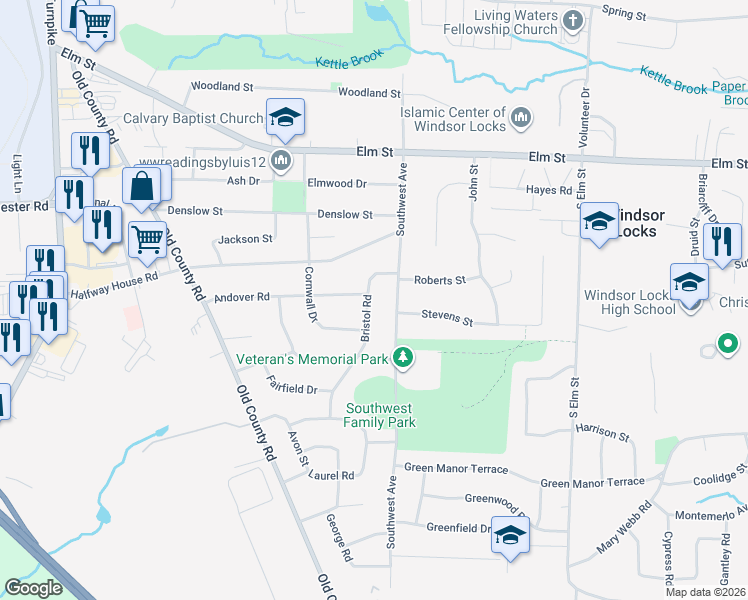 map of restaurants, bars, coffee shops, grocery stores, and more near 30 Bristol Road in Windsor Locks