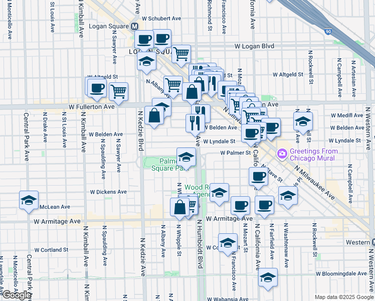 map of restaurants, bars, coffee shops, grocery stores, and more near 3022 West Palmer Square in Chicago