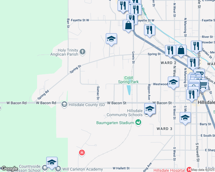 map of restaurants, bars, coffee shops, grocery stores, and more near 115 Cold Springs Circle in Hillsdale