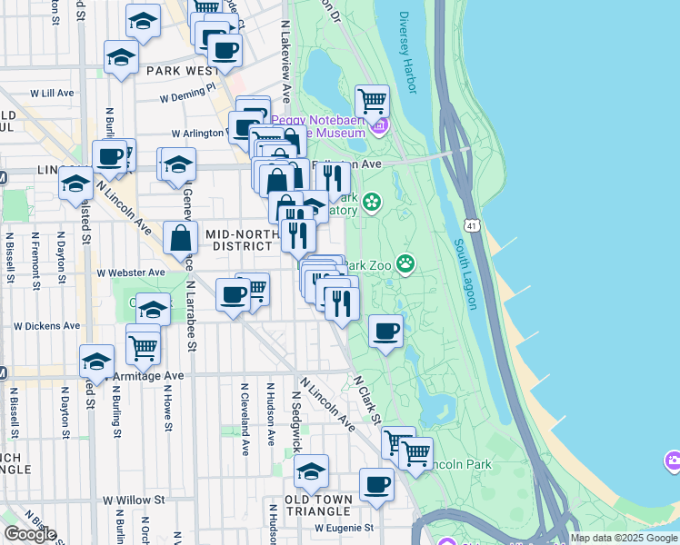map of restaurants, bars, coffee shops, grocery stores, and more near 2150 North Lincoln Park West in Chicago